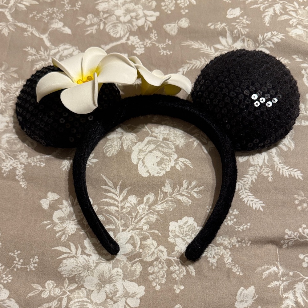 Black Sequin Mouse Ears Headband with White Flowers